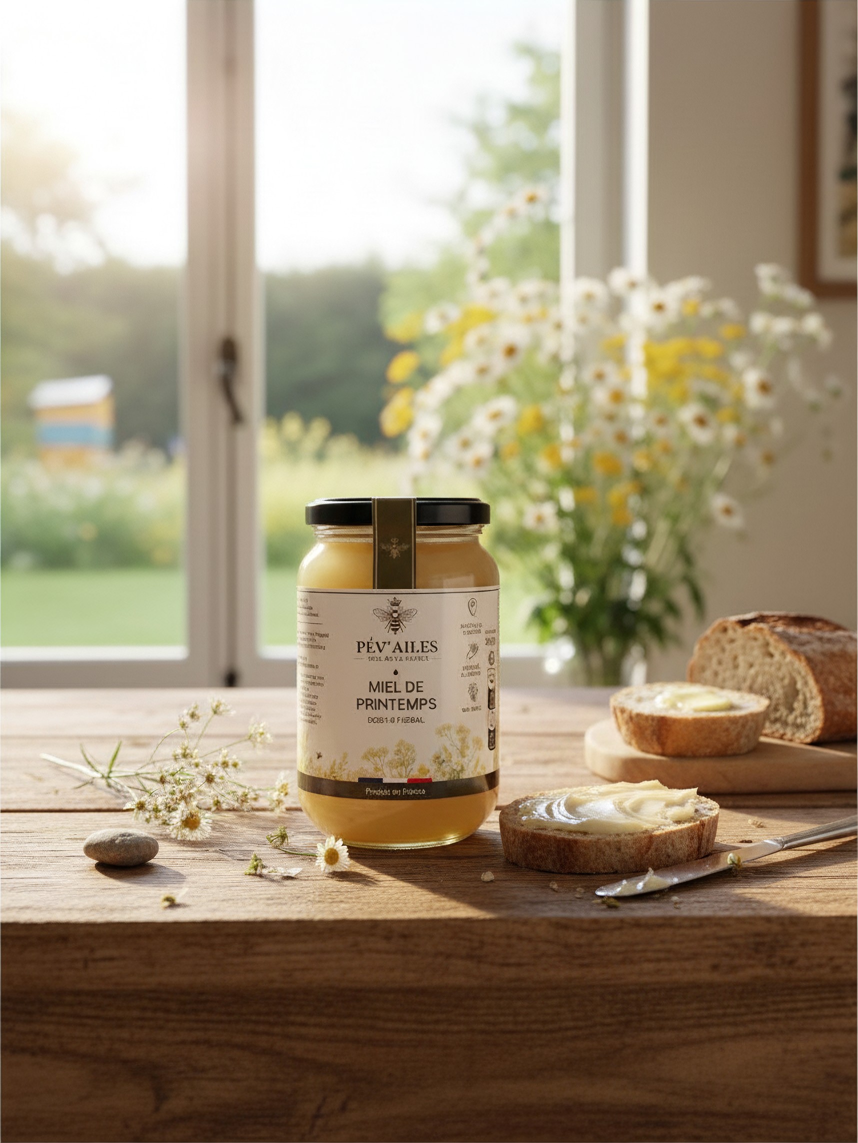 Pot de miel ambré avec une cuillère à miel